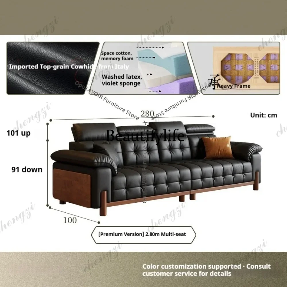 07 Mid-Century Modern Solid Wood Living Room Sofa Vintage Top-Grain Leather Retro Living Room Sofa Genuine Cowhide Furniture