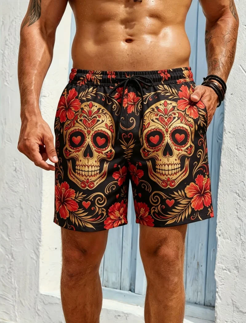 Men's Day of the Dead skeleton print quick drying beach shorts, casual version, suitable for beach play and summer vacation.