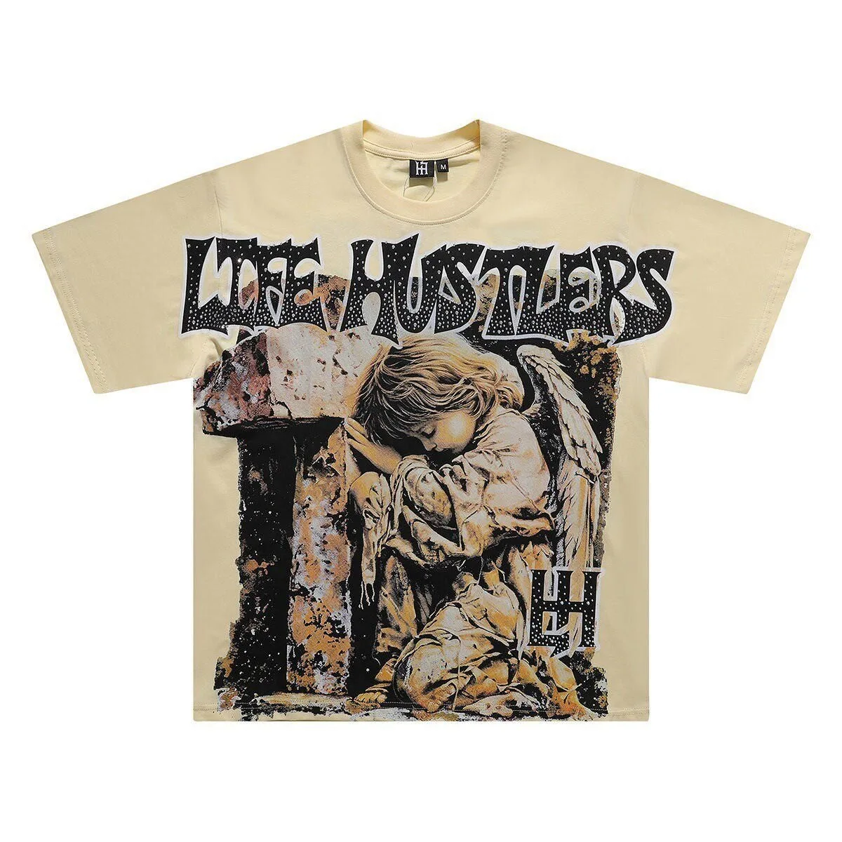 Life Hustlers Prayer Angel Embroidered Diamond Letter Loose Casual Short-Sleeved T-shirt ins