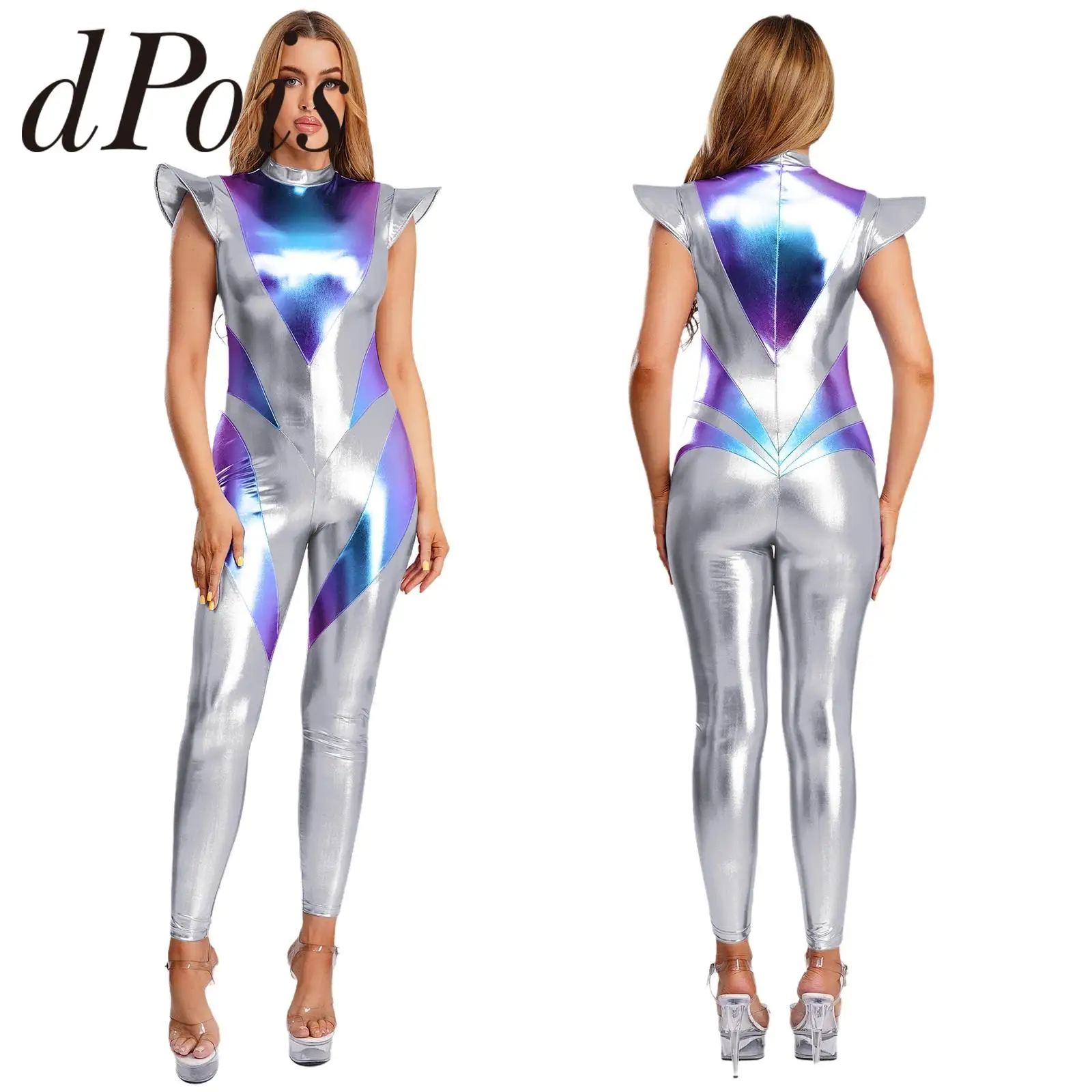 Disfraz de alienígena de Robot metálico para mujer, disfraz de fiesta de carnaval, disfraces de mascarada, vestido plateado cósmico, vestido elegante brillante del espacio exterior