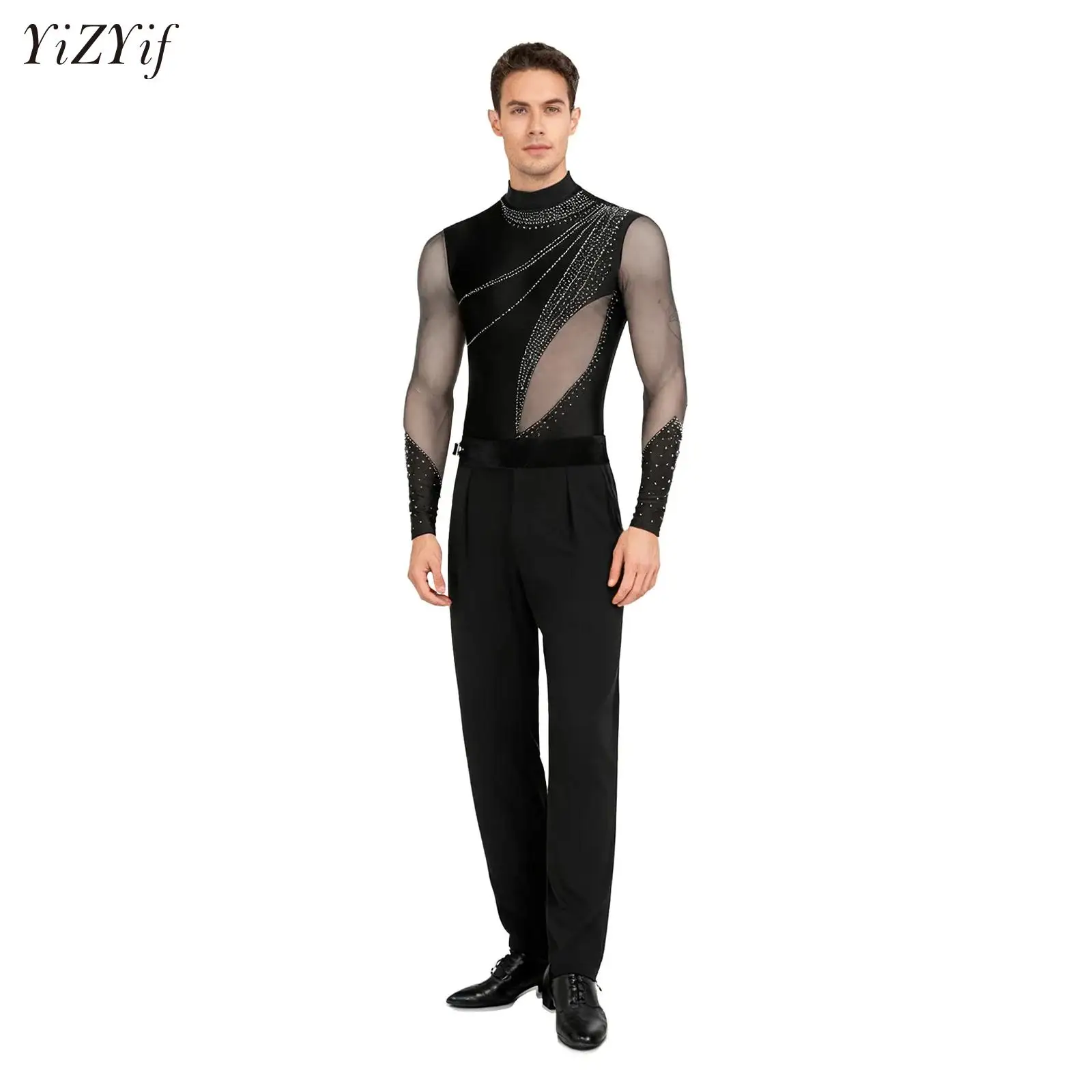 

Men Latin Dance Outfits Long Sleeve Shiny Rhinestones Mesh Leotard Bodysuit with Pants Set Figure Skating Chacha Stage Dancewear