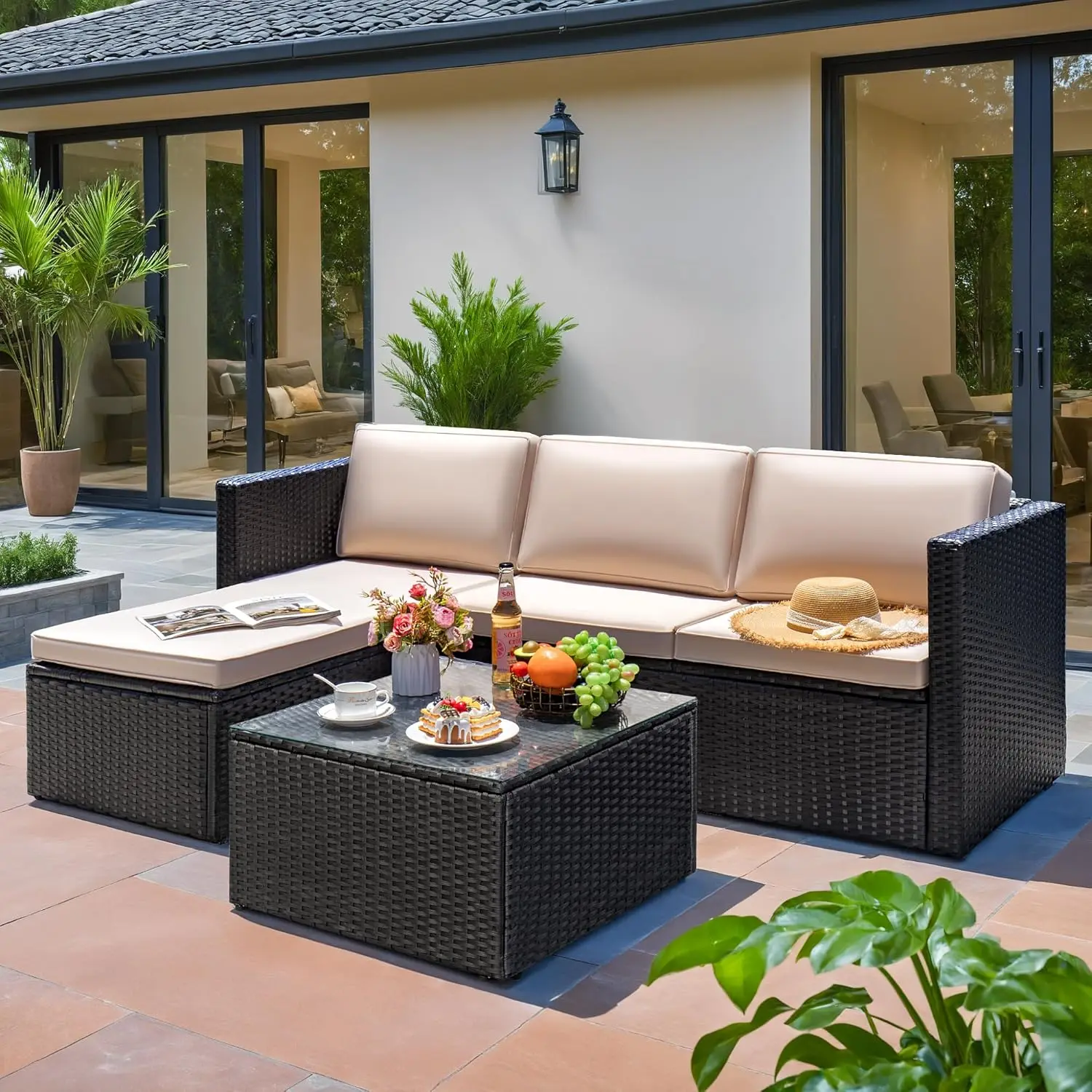 All Weather Wicker Rattan Pátio Sofá, Conjuntos de móveis com almofadas e mesa de vidro, ângulo ajustável manual, Chaise Lounge