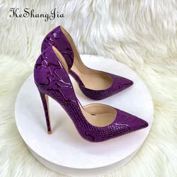 Viola goffrato effetto coccodrillo donna punta a punta Slip On Side scarpe tacco alto vuote per la festa Sexy signore vestito décolleté a spillo