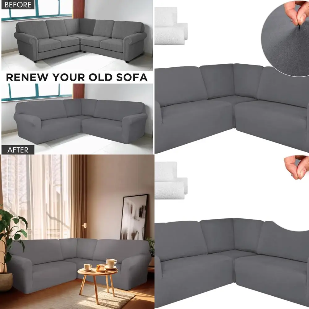 

3-Piece L-Shape Couch Cover Set for 5-Seat Sectional Sofas - Stretchable, Washable Slipcovers for Corner Sofas in Light Gray Sil