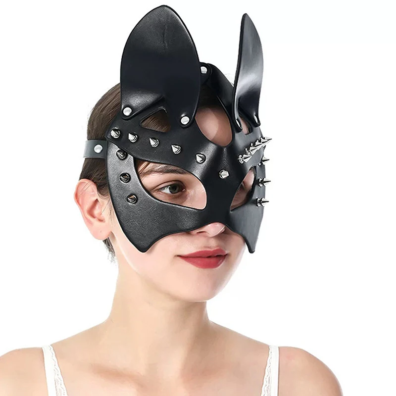 1PC Punk Leather Cosplay Sexy Cat Mask Halloween Party Masquerade Half Face Studded Fox Masks Gothic Fetish Sex Toys For Adult