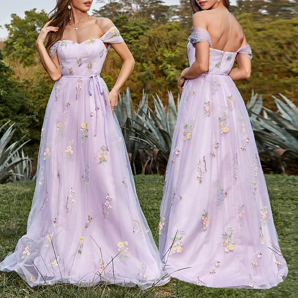 Abiti da sera alla lavanda Sweetheart a-line Lace Appliques Off The Shoulder Prom Gown Backless Long elegante Party Dress muslimbow