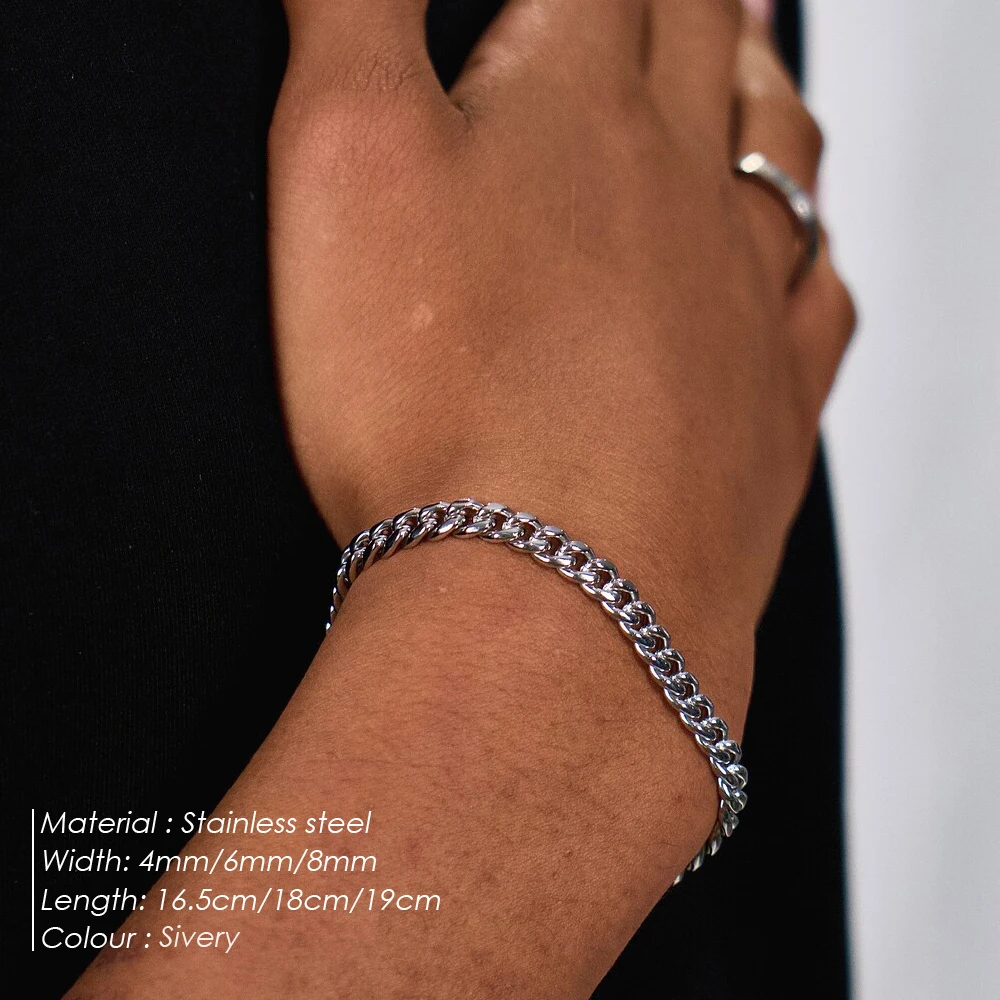 EMANCO Silver Color Bracelets Men Stainless Steel 4MM/6MM/8MM Bracelet Classic Trendy Punk Charms Cuban Chain Bracelets