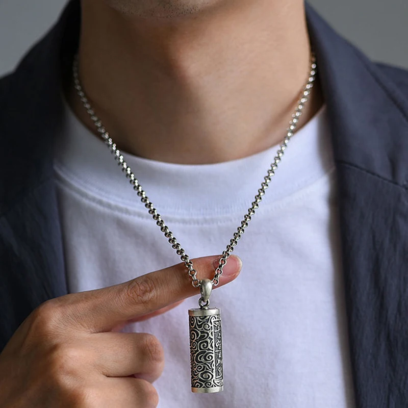 1Pcs 990 Pure Silver Pill Case Holder Pill Box Waterproof Cylinder Pendant Pill Box With Chain Necklace