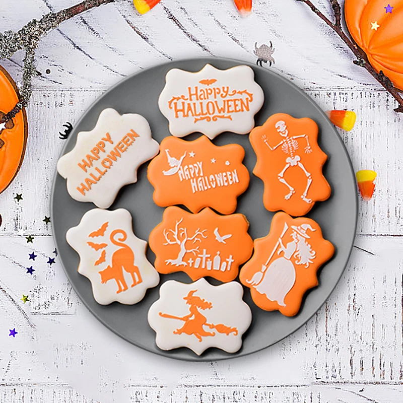 

Happy Halloween Cookie Printing Mold Coffee Cake Spray Stencils Template Mesh Halloween Party DIY Cake Decorating Tools