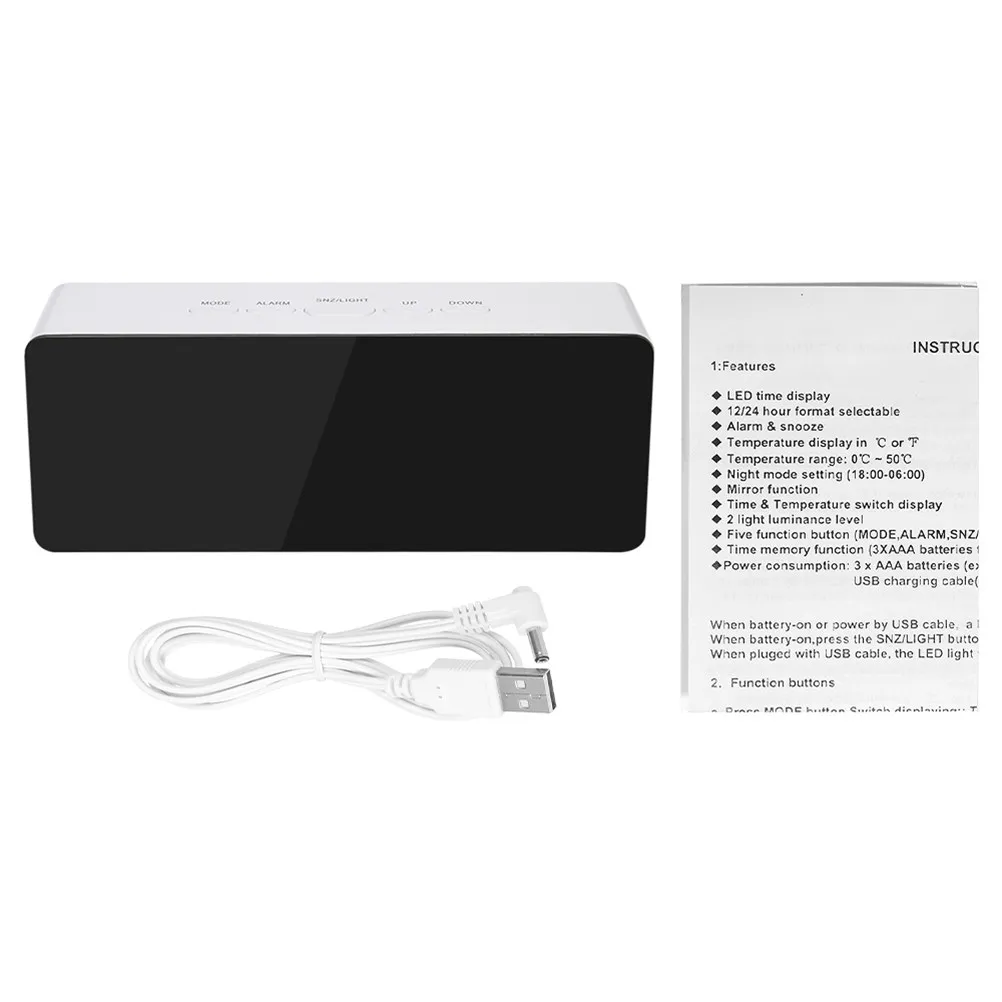 Mirror Alarm Clock White Multi-Function LED Display Digital Clock USB Charge Sound Wake Mode Large Number Snooze