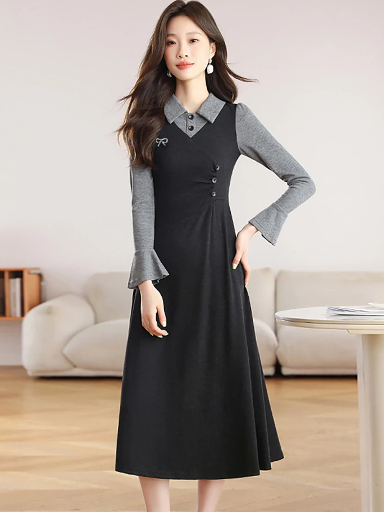 

Женское вязаное лоскутное платье миди с длинным рукавом и воротником-поло, осеннее элегантное офисное женское платье 2021, корейское облегающее платье, Vestidos