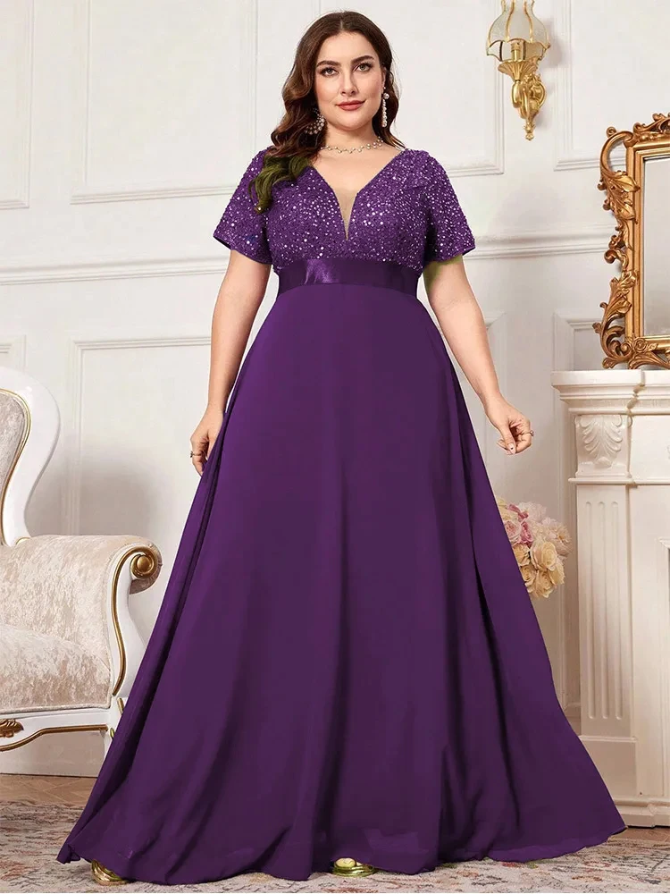 Plus Size V-neck Short Sleeve Sequin Wedding Bridesmaid Evening Dress 4XL 5XL Big Size Summer Chiffon Floor-length Long Dress