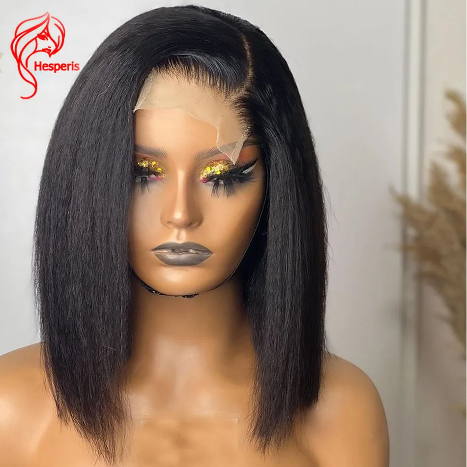 

Hesperis Yaki Straight Short Bob Cut Lace Front Wigs For Black Women Brazilian Remy 5.5x4.5 Pu Silk Base Lace Closure Wig