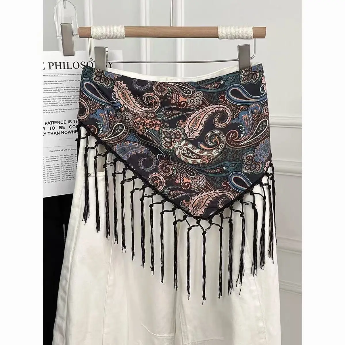 2026 Ethnic Paisley Floral Print Triangle Scarf Waist Wrap for Women Boho Fringe Tie Waist Belt Summer Skirt Layering Accessory
