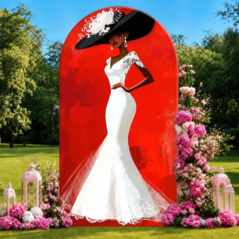 Funda para arco de una sola cara, elegante fondo rojo con novia vintage en vestido de encaje blanco y sombrero negro rodeada por...