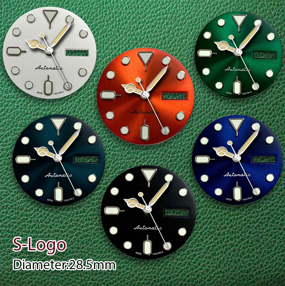 

28,5 мм S логотип SKX007 циферблат без стрелок зеленый светящийся подходит для NH36A 4R36 аксессуары для модификации часов