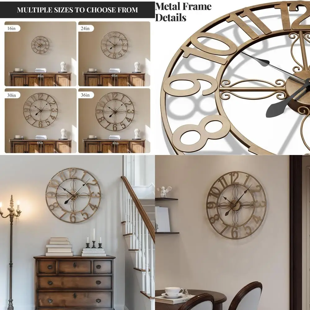 

24 inch Wall Clock, Large Wall Clocks for Living Room, Decorative Metal Round Clock Battery-Operated Silent Non Ticking Retro Ru