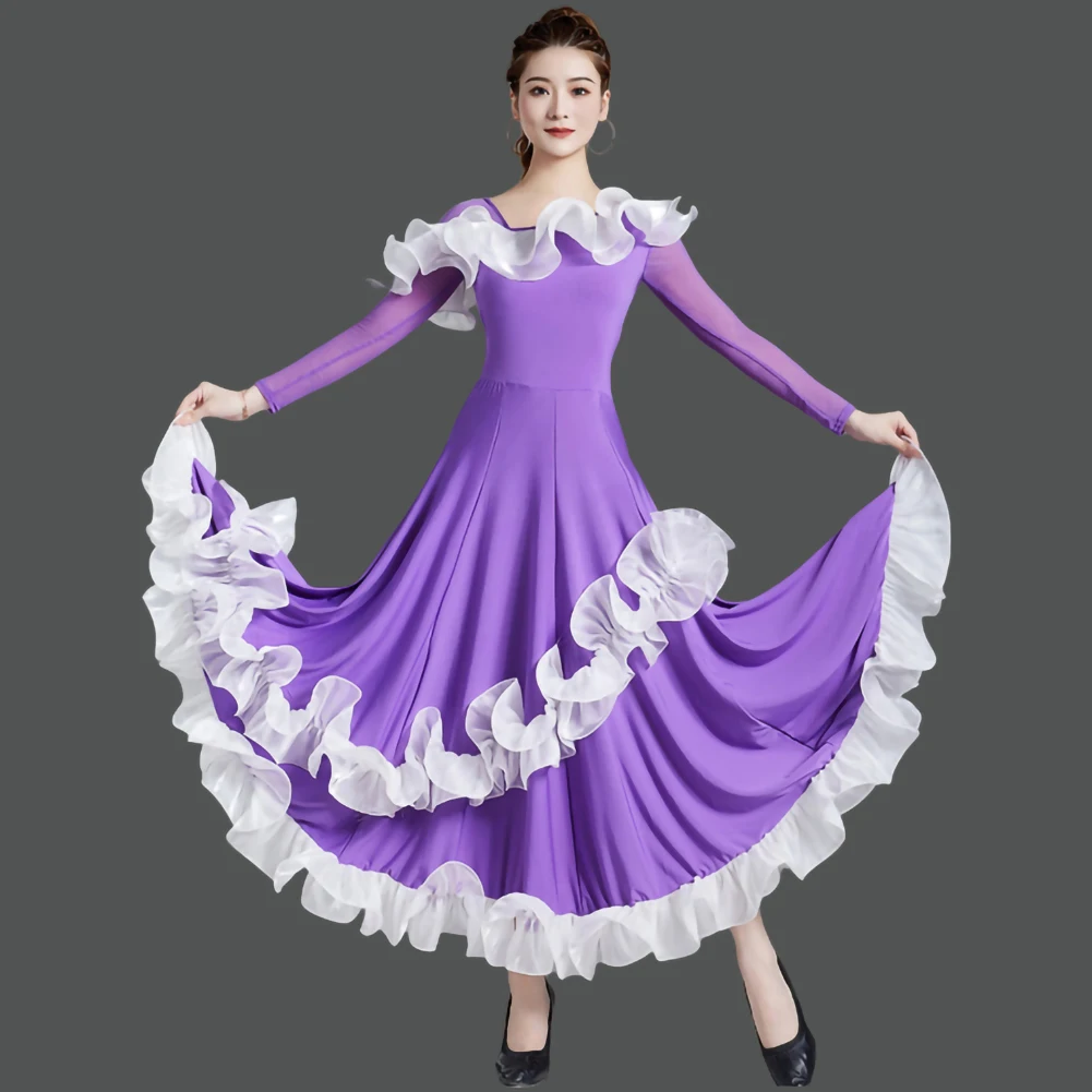 

Beveled Neckline Standard Modern Dress Waltz Ballroom Dance Three-Dimensional Lace Purple Black Performance Women's Clothing