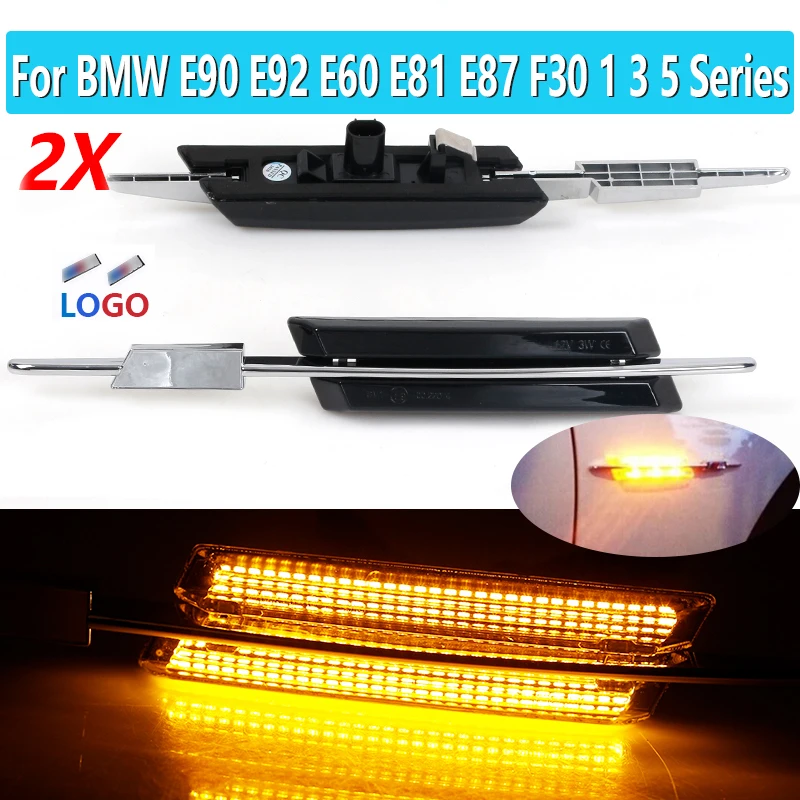 Pair LED Amber Side Marker Turn Signals Indicator Accessories Light For BMW E60 E90 E91 E92 E93 E61 E81 E82 E87 E88 With M Logo