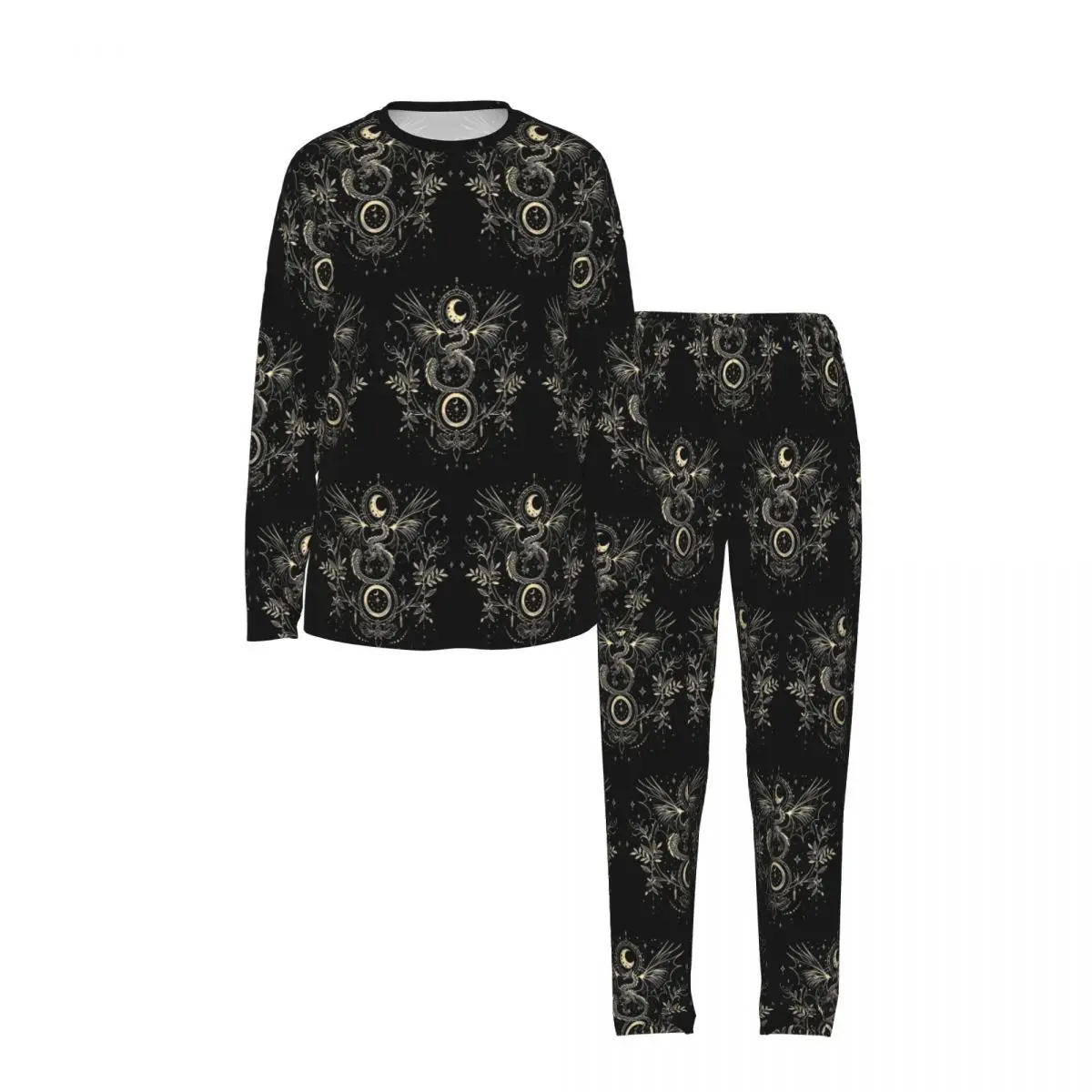 Celestial Dragon And Moon Tee Floral Print Round Neck Long Sleeve Nightgowns for Sleepshirts Women Loose Pajama Set Long Pants