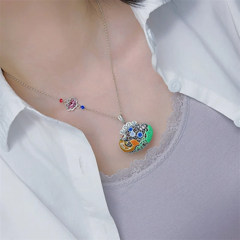 

Sterling Silver Necklace Pendant S925 For Woman Female Girl Retro Style Enamel Original Manual Popular Fashion Boutique Jewelry