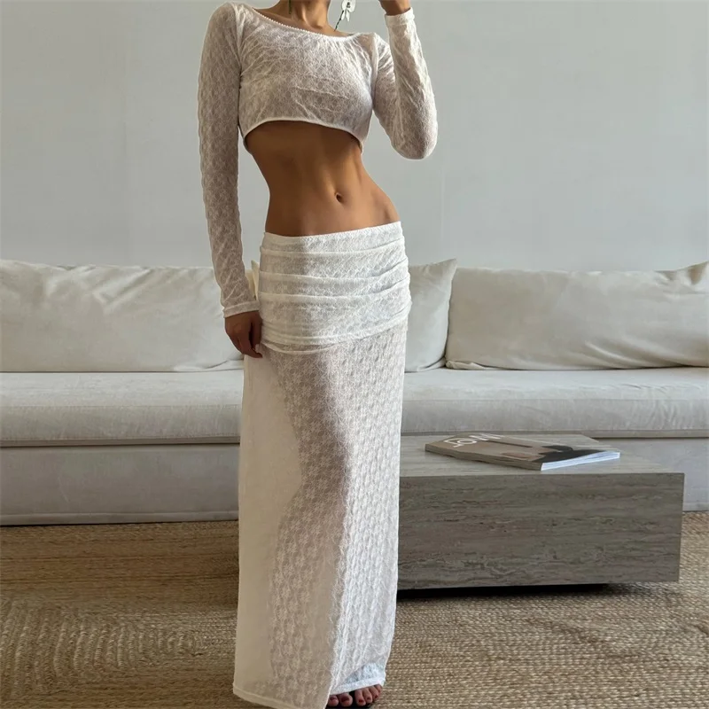 

Midriff-Baring Round Neck Women Skirt Suit Long Sleeve Sheer Top Layered Low Waisted Pants New Fashion 2025 Autumn Two-Piece Set