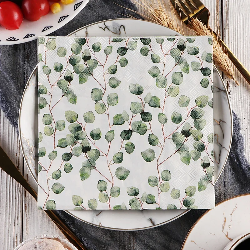 Printed Napkin Forest Eucalyptus Leaves Coloured Paper Napkins Hotel Western Restaurant Table Decoration Wine Glass Flower Paper