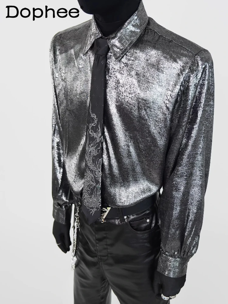

Men's 2025 Autumn New High-End Tie Shiny Long Sleeve Shirts Fashion Men's Comfort Shirts Gentleman Handsome Stylish Lapel Tops