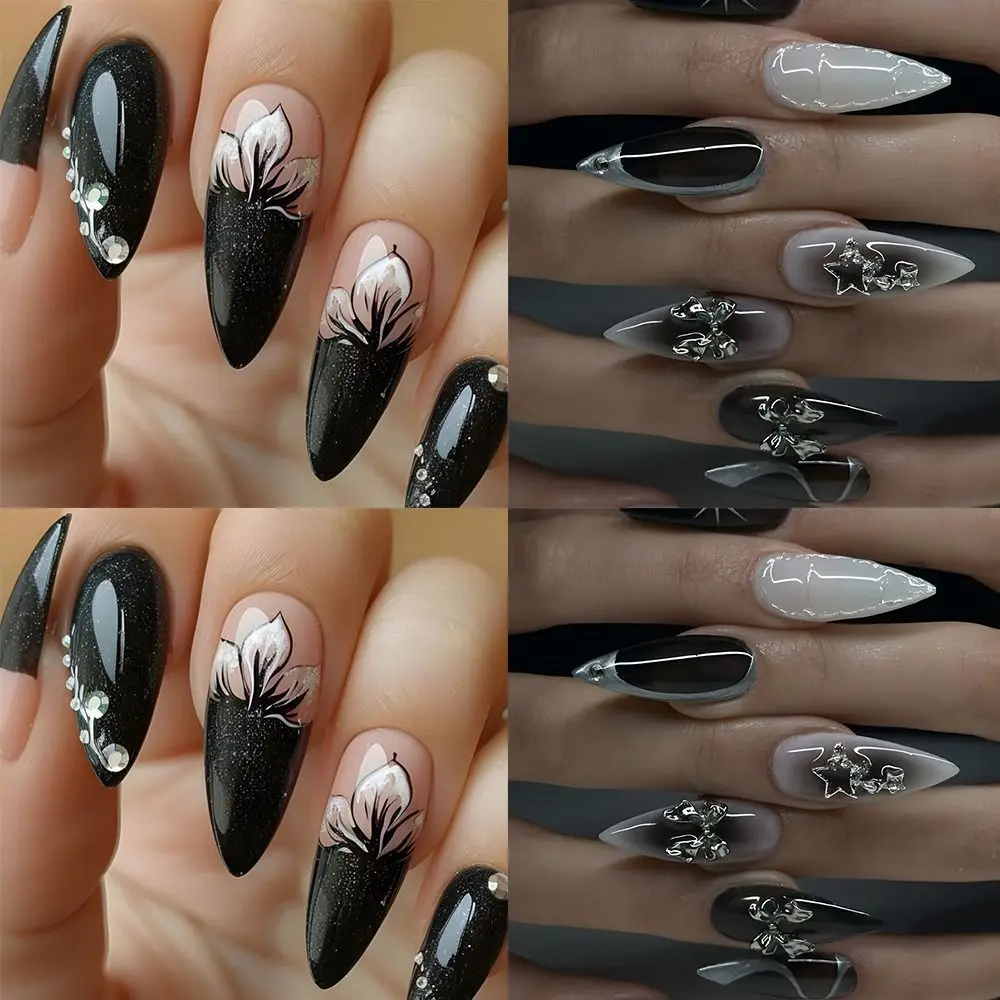 24pcs Manicure Long Almond False Nails Flowers Silver Butterfly Star Fake Nials Detachable Black Press on Nails DIY