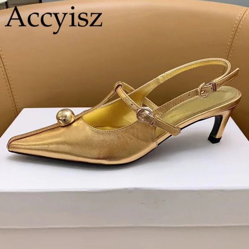 

Spring Genuine Leather Pointed Metal Bead Closed Toe Middle Heel Sandals Women's Solid Color Narrow Band Banquet High Heels 2024