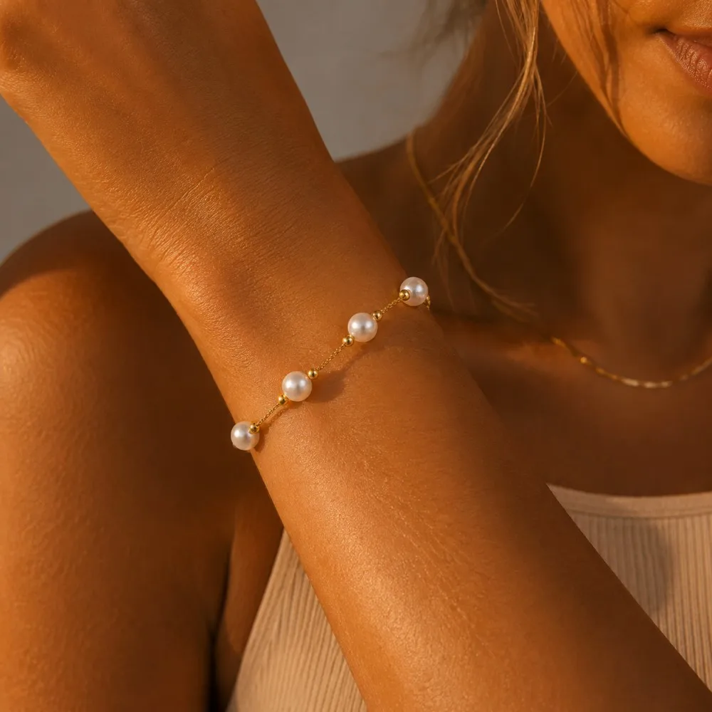Goldfarbenes Dünnes Kettenarmband mit Perlen, Schickes Minimalistisches Sommer-Strandparty-Schmuckgeschenk, Einfaches Exquisites Accessoire