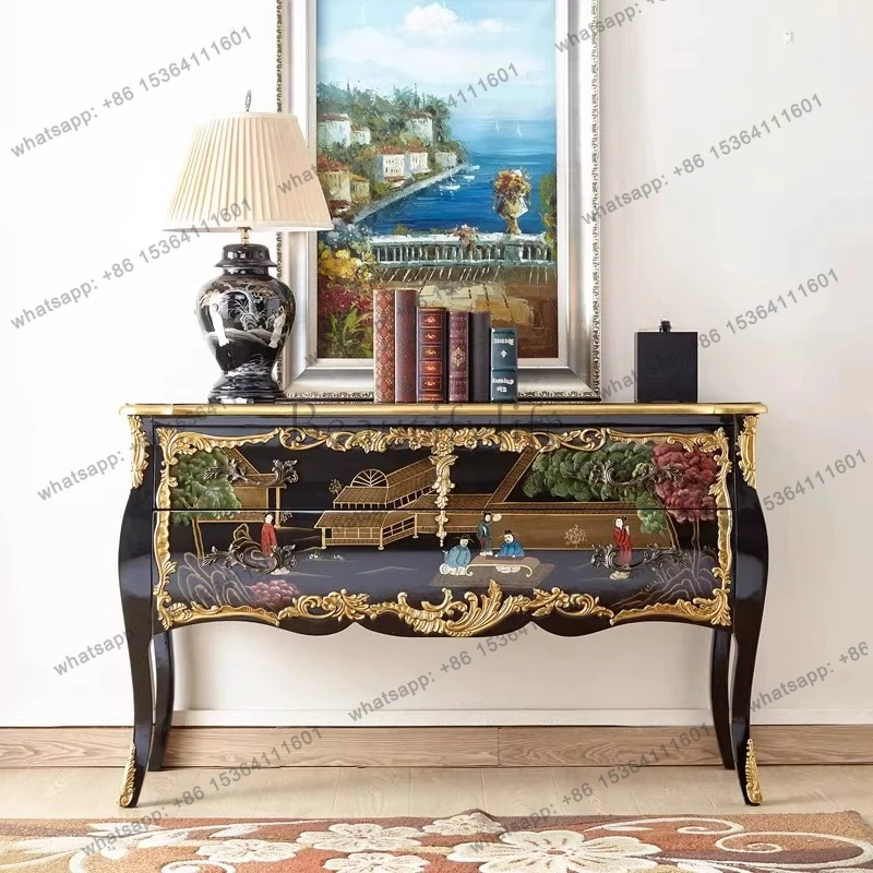 French retro entrance storage cabinet solid wood European court three-dimensional flower painted character decorative cabinet