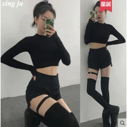 Kpop Korean Group Hip Hop Jazz Dance Outfits Women Sexy Long Sleeve T-shirt Crop Tops Slim Shorts Stage Costume Jazz Dance Wear