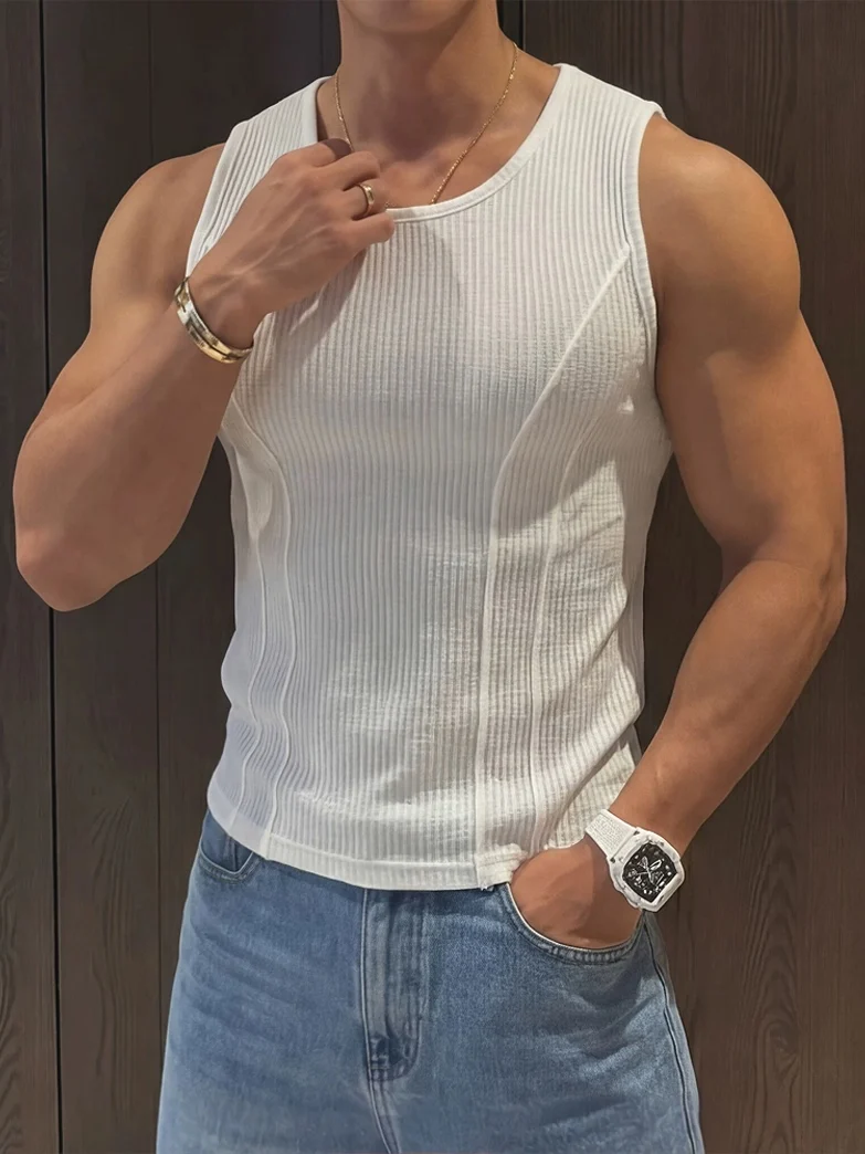 Ice Silk Cool Feeling Quick Dry Muscle Shaping Vest No Sleeve T-Shirt Youthful Trendy Design Splice Transparent Thread Men's Top