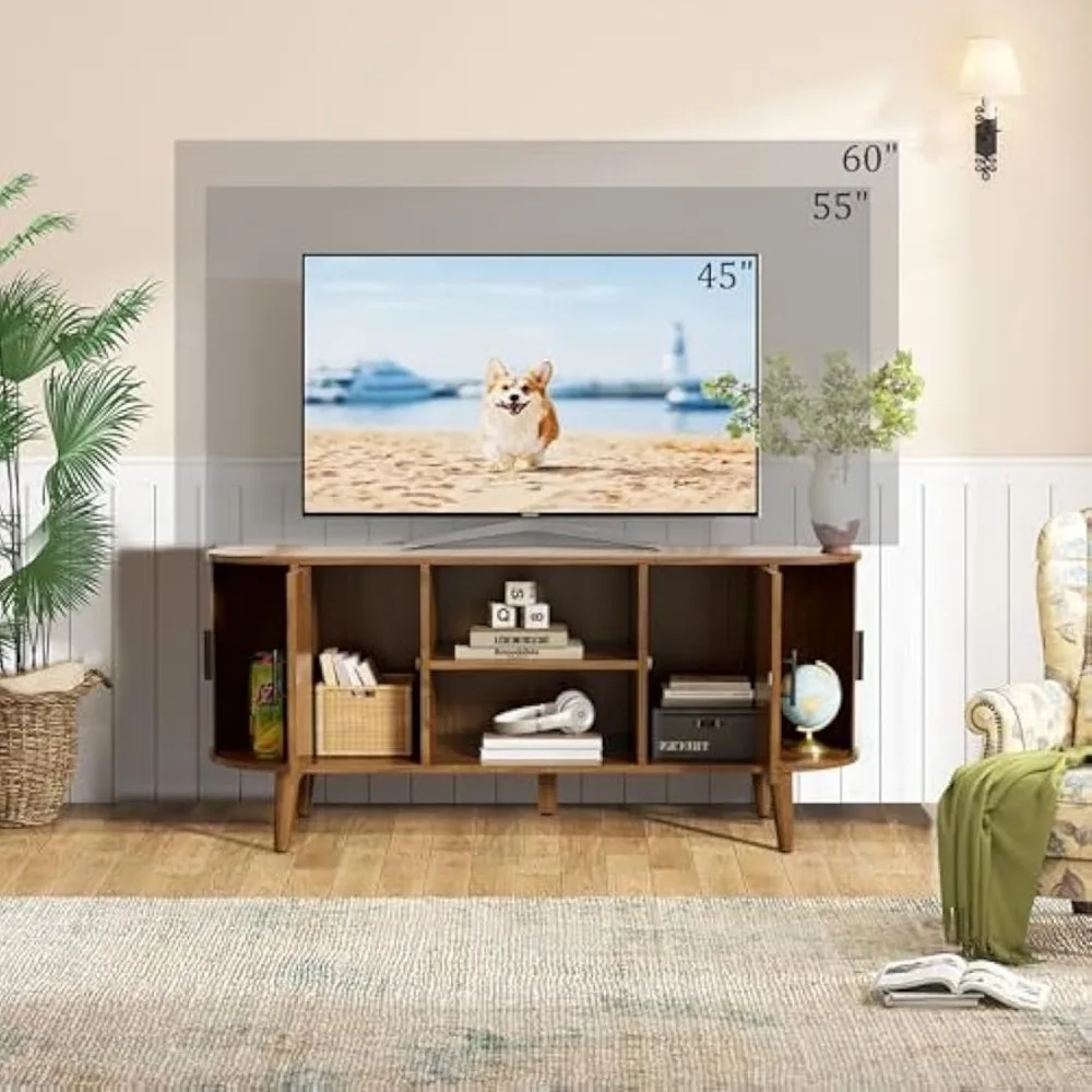 حامل تلفزيون حديث 60 من منتصف القرن مع أبواب وأدراج مخددة، وحدة تحكم وسائط منحنية لمركز الترفيه الأنيق