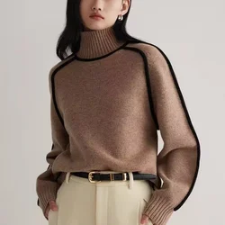 Autumn Winter Women Fashion Loose Stripe Pullover Knitted Jumper Female Long Sleeve Knitwear Lazy Wind Lady Turtleneck Sweater