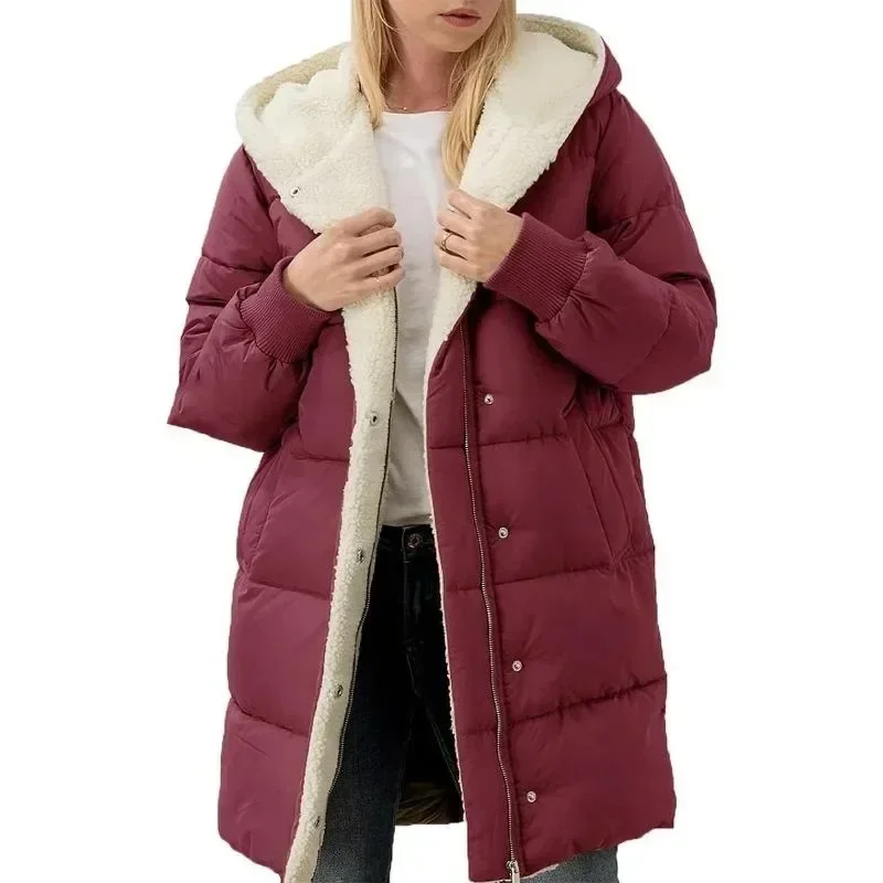 Jaquetas de manga comprida acolchoadas de algodão dupla face veludo velo parkas casacos de inverno femininos com capuz fino ajuste cardigan jaqueta