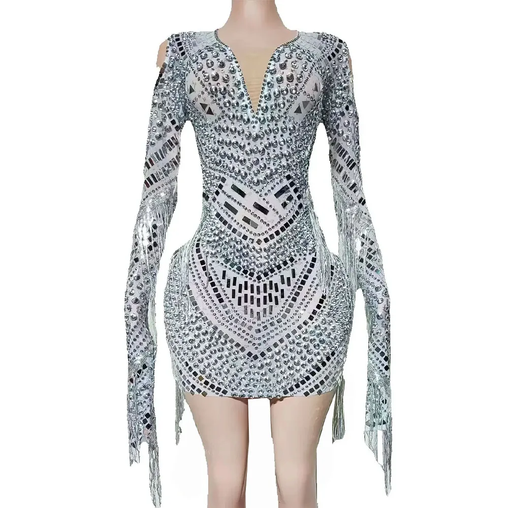 

Sparkly Silver Rhinestones Tassels Mesh Short Dress for Women Sexy Evening Party Celebrate Birthday Dress Show Photo Shoot Wear