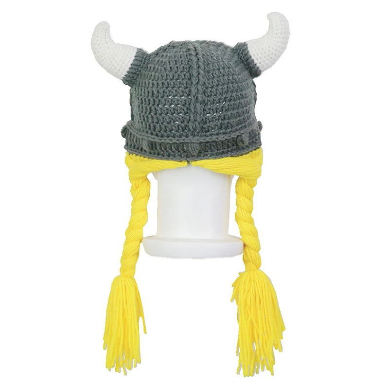 Kids Barbarian Vagabond Viking Beard Beanie Horn Hat Handmade Winter Warm Birthday Funny Gag Halloween Cap Christmas Gifts