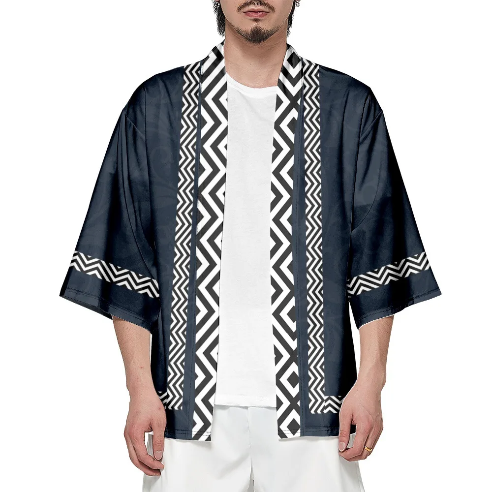 Kimono samurái japonés con estampado geométrico para hombre y mujer, cárdigan Haori, Obi, ropa asiática, Tops de gran tamaño, moda de verano, 2023