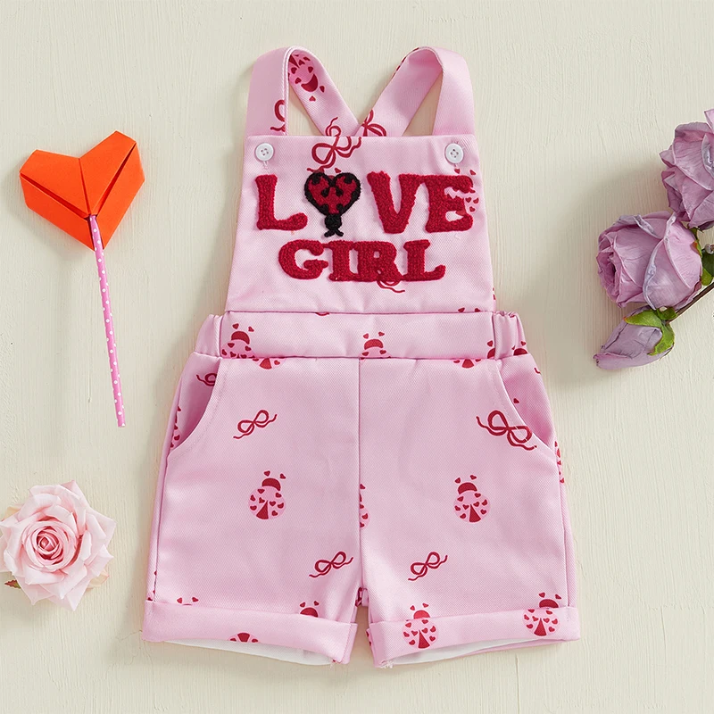 Toddler Girls Overalls Shorts Ladybug Print Letter Embropidery Sleeveless Square Neck Suspender Jumpsuit Romper