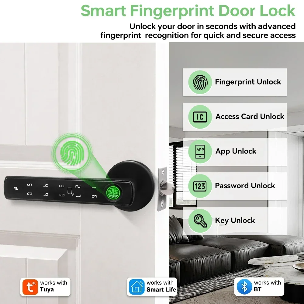 YFK Biometric Fingerprint Smart Door Lock Handle Keypad Passcode RFID Card APP Key Tuya Smart Life Deadbolt Lock For Home Hotel