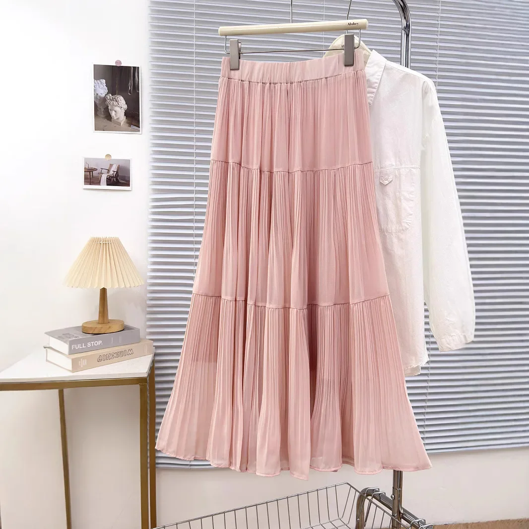 新しいシフォンスイングスカート春夏Aラインスカート女性服ソリッド弾性ウエストルーズプリーツケーキスカート