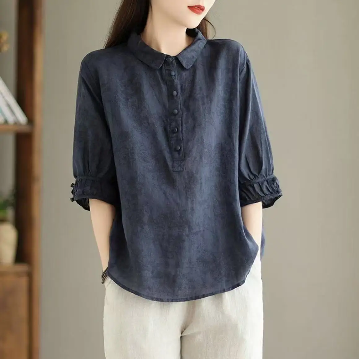 Camisa con solapa estampada a la moda, camisa Retro de manga media para mujer de estilo extranjero, camisa fina y fina