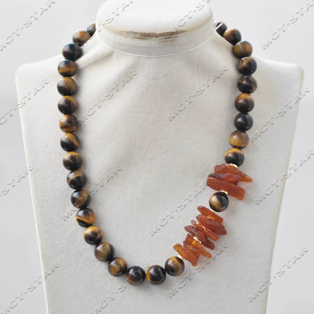 

Z14116 19" Yellow Round Tiger's-eye Gemstone Red Flaky Amber Necklace