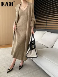 [EAM] Khaki Gray Elegant Long Knitting Cardigan Sweater V-Neck Long Sleeve Women New Fashion Tide Spring Autumn 2024 1DH6852