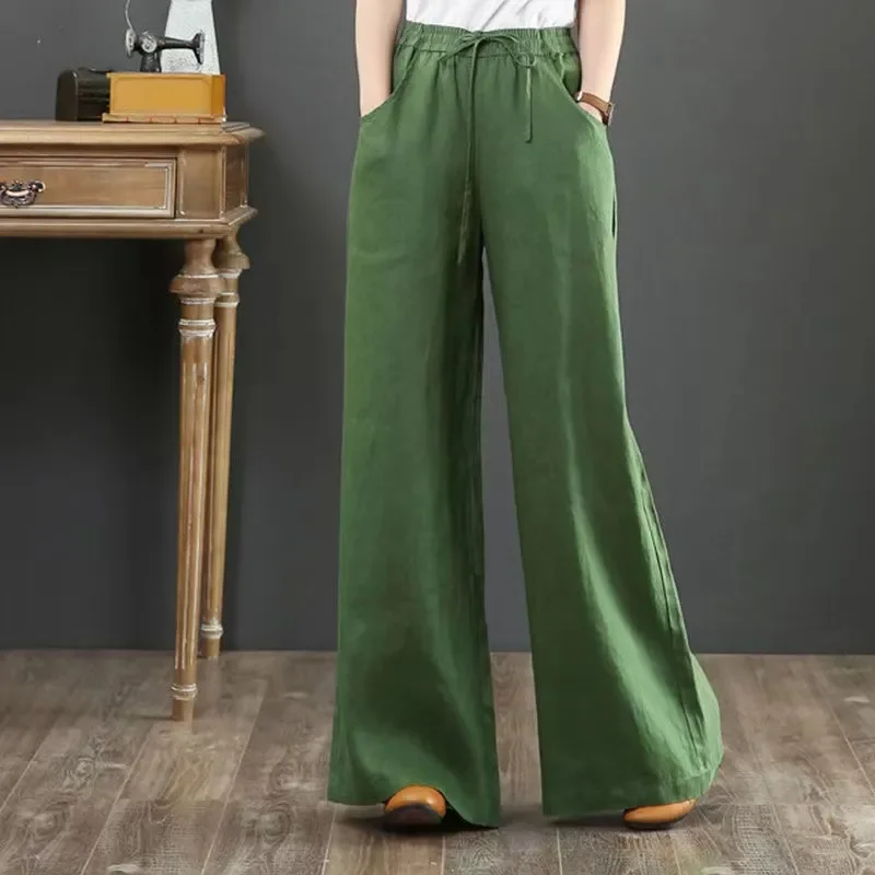 연장형 코튼 린넨 예술적 드레이프 와이드 레그 레이스 퍼플 플로어 길이 바지