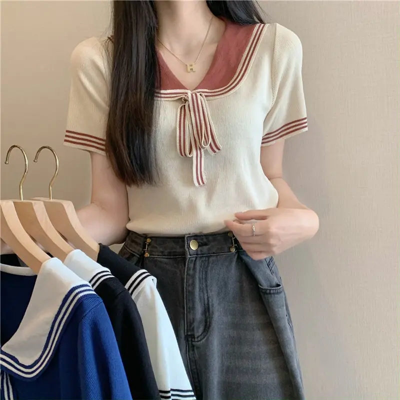 Women Clothing Preppy Style Office Lady Short Sleeve Tops Summer Casual Solid Color Pullovers 2024 New All-match V-neck T-Shirts