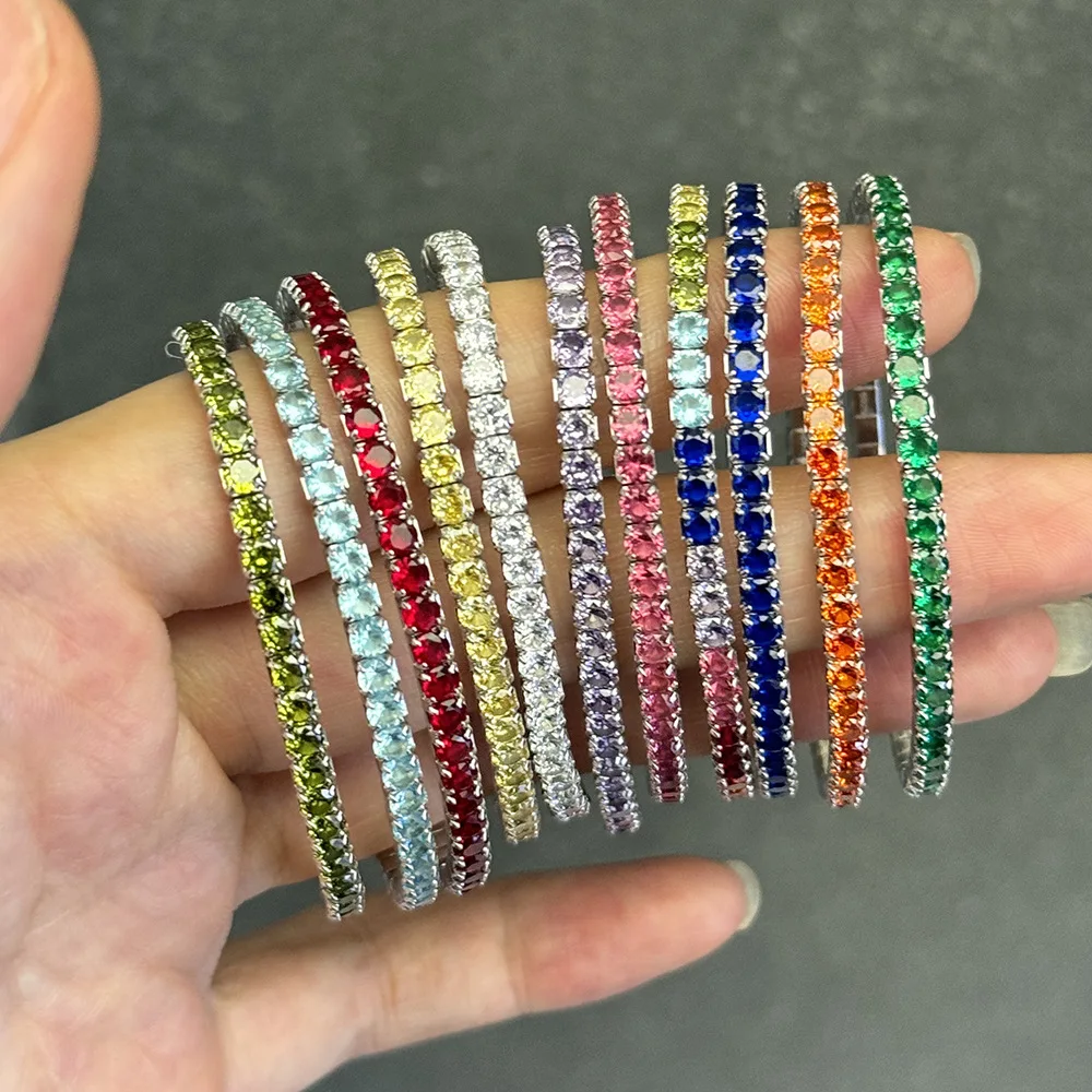 

3mm 925 Silver Colorful Micro Inlaid Zircon Tennis Chain Bracelet For Women Vintage Square Color Bracelets Fashion Jewelry