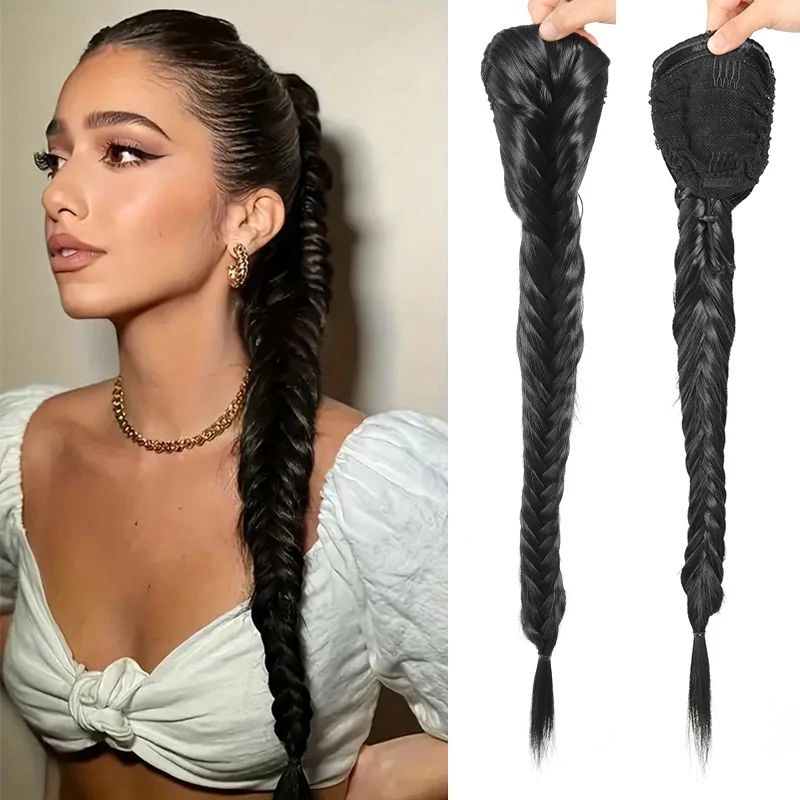 Longo cordão estilo seda cabelo, tecidos à mão, Fishbone trança, rabo de cavalo peruca, adequado para uso diário pela menina, alta temperatura